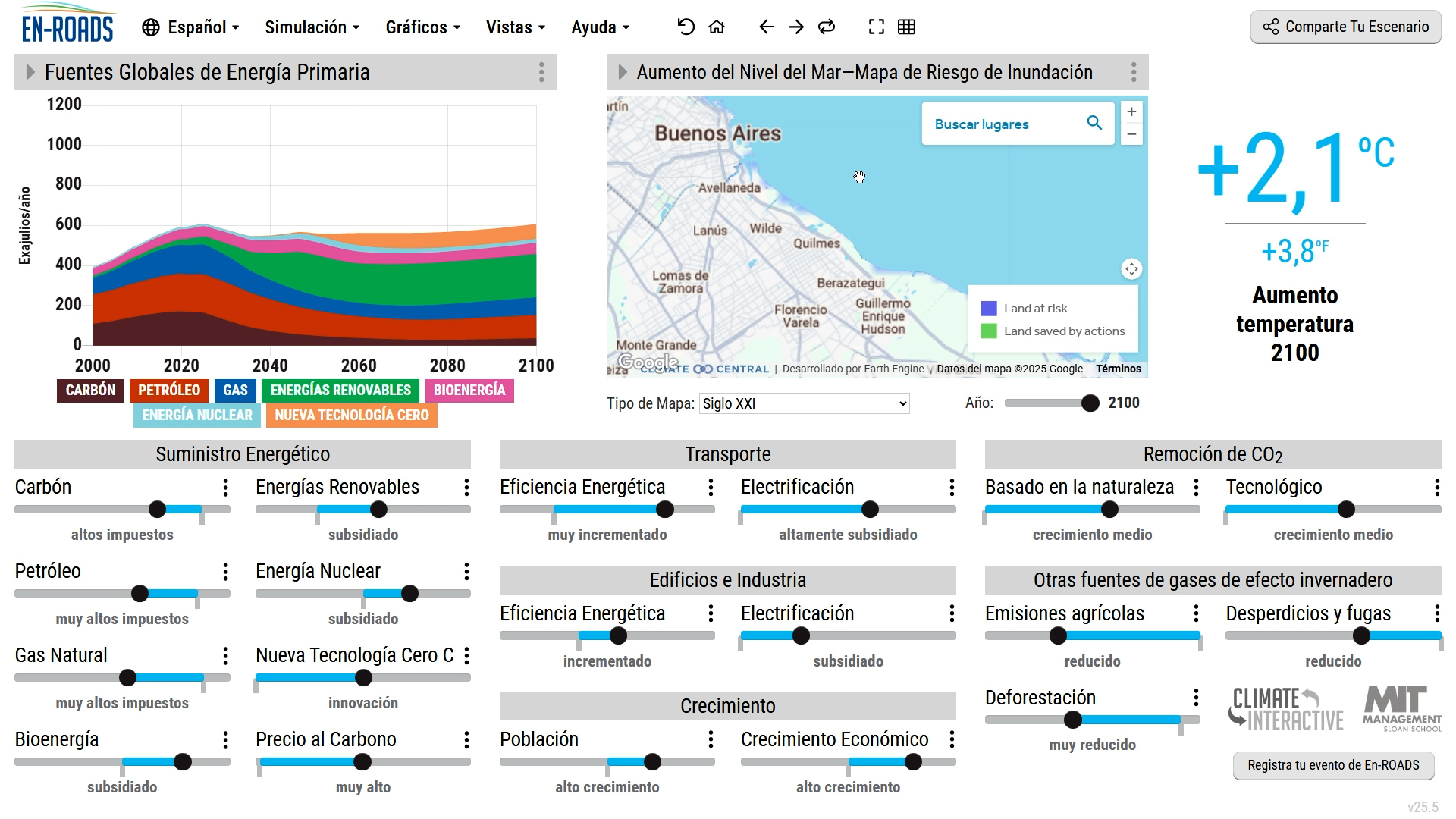 Con herramientas como el simulador EN-ROADS del MIT, los estudiantes trabajan directamente sobre los desafíos del cambio climático. Aprenden a modelar escenarios, analizar impactos y diseñar políticas de mitigación y adaptación, desarrollando competencias en pensamiento sistémico y gestión estratégica de problemáticas ambientales, económicas y sociales.